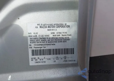 2007 Mazda Mazda6 I Sport Ve z USA, uszkodzony, nr VIN 1YVHP80C075M57454